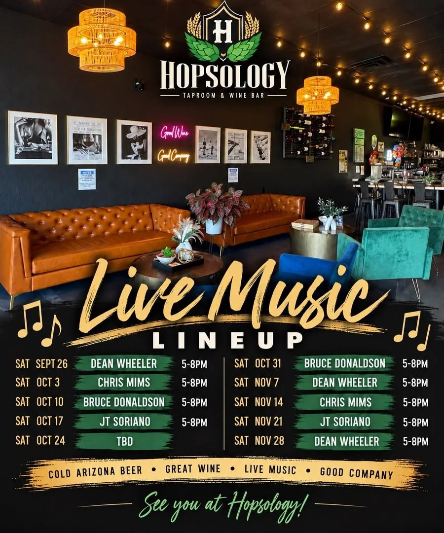Hopsology live music lineup flyer, Saturdays 5 to 8pm, September 26 through November 28.