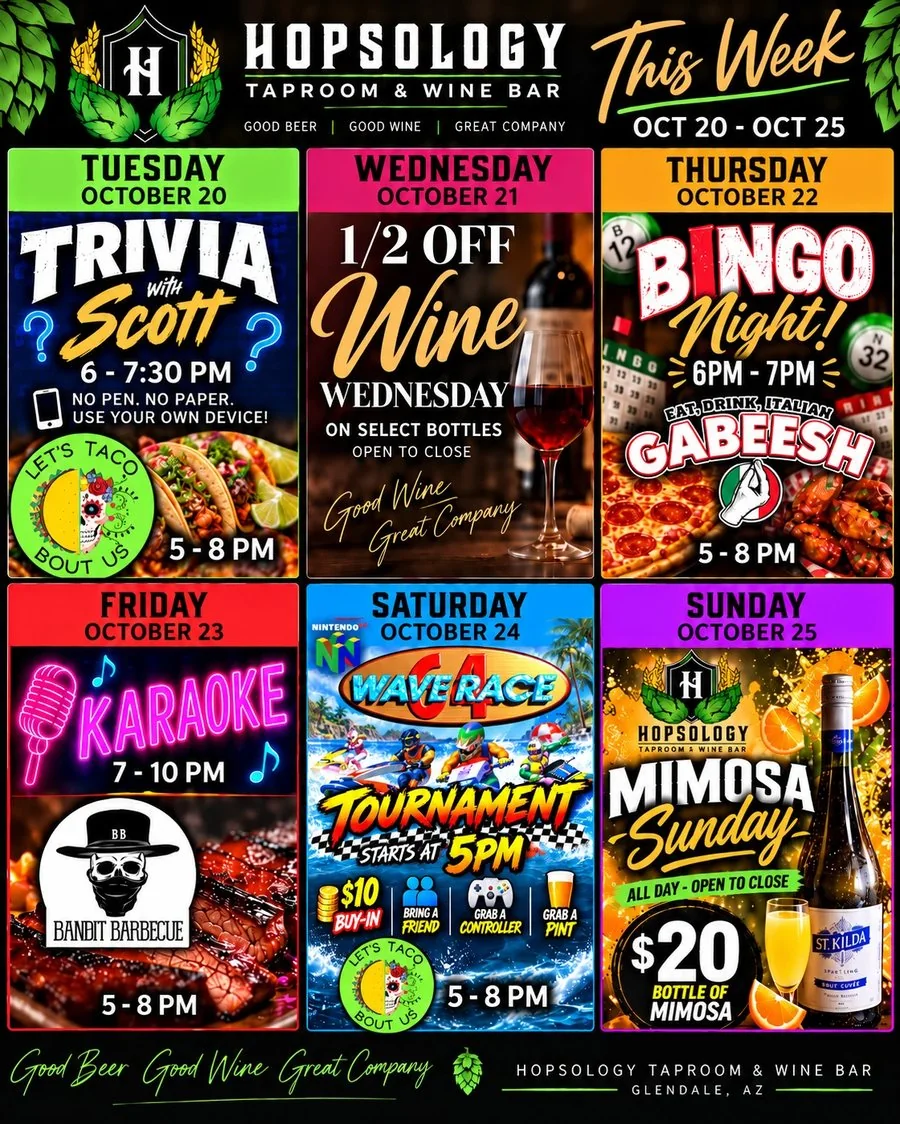 This week at Hopsology, October 20 to 25 schedule flyer with the week's trivia, Taco Tuesday, Wine Down Wednesday, and the N64 Wave Race tournament.