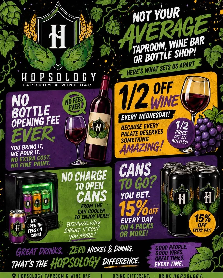 Not your average taproom flyer: no bottle opening fee ever, no charge to open cans, half off wine every Wednesday, 15% off 4-packs or more to go every day